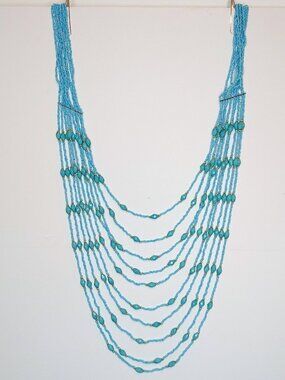 Blue Beaded Multi-Strand Bib Necklace. 33 inches